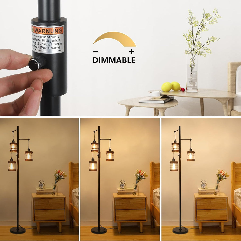 Jandcase 65in Dimmable Farmhouse Floor Lamp 3-Light Industrial Standing Lamp with Wood Accents Metal Cage Shades for Living Room Bedroom