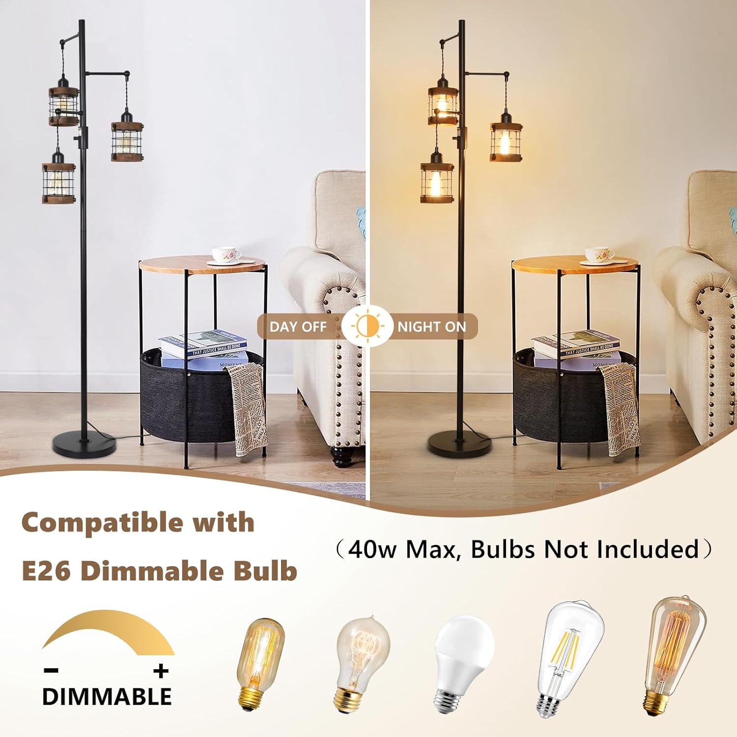 Jandcase 65in Dimmable Farmhouse Floor Lamp 3-Light Industrial Standing Lamp with Wood Accents Metal Cage Shades for Living Room Bedroom