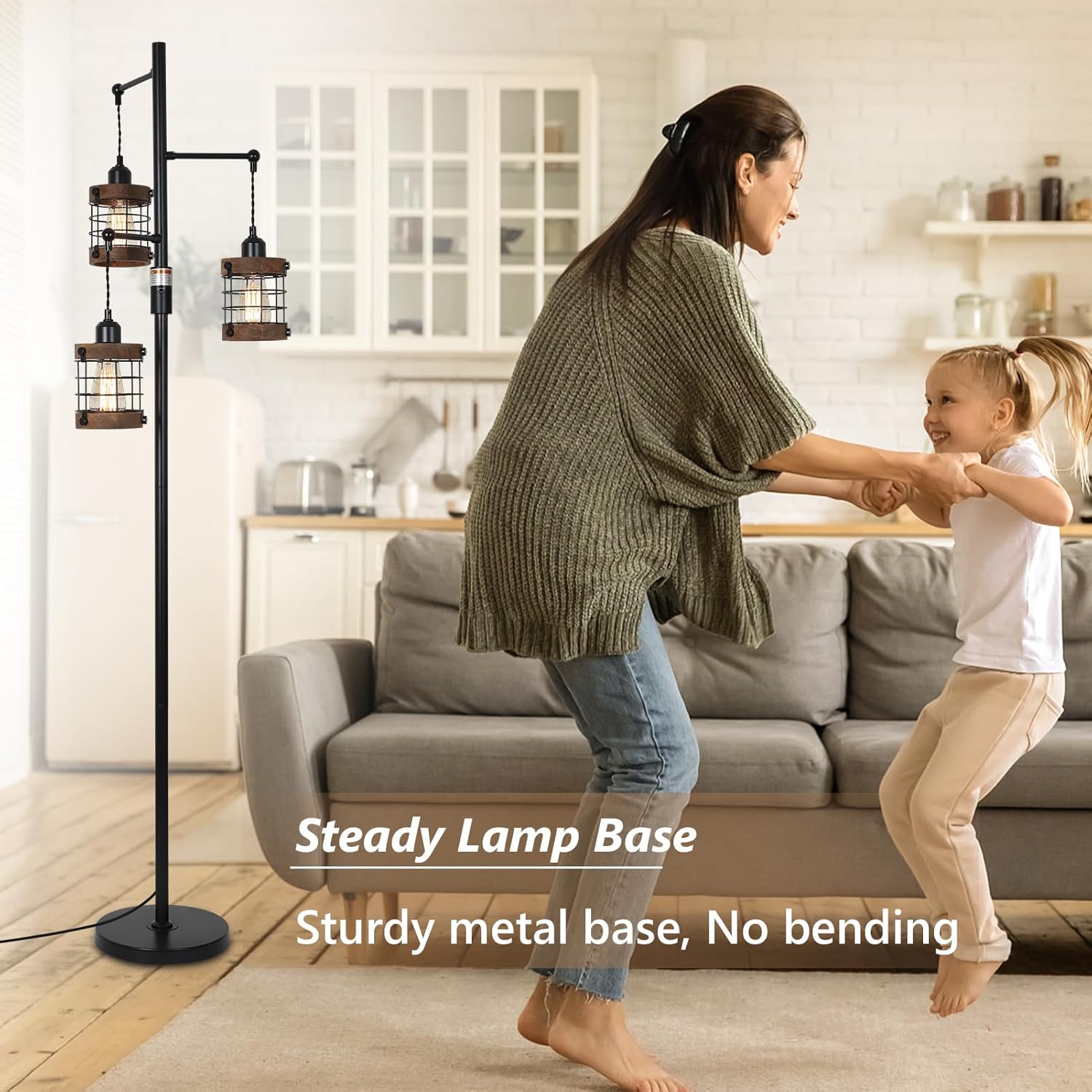Jandcase 65in Dimmable Farmhouse Floor Lamp 3-Light Industrial Standing Lamp with Wood Accents Metal Cage Shades for Living Room Bedroom