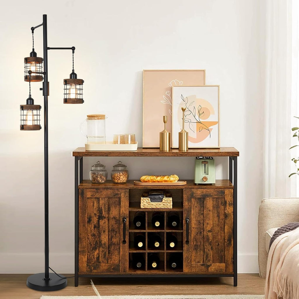 Jandcase 65in Dimmable Farmhouse Floor Lamp 3-Light Industrial Standing Lamp with Wood Accents Metal Cage Shades for Living Room Bedroom