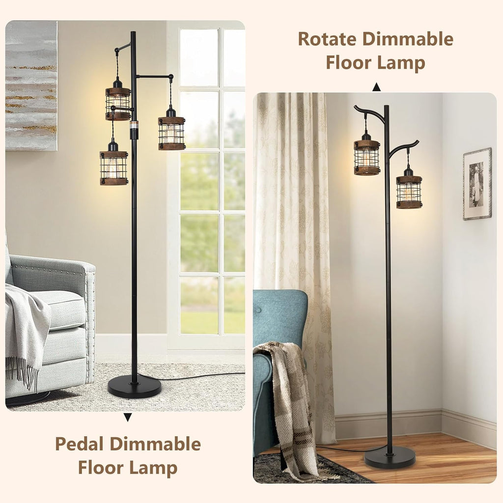 Jandcase 65in Dimmable Farmhouse Floor Lamp 3-Light Industrial Standing Lamp with Wood Accents Metal Cage Shades for Living Room Bedroom