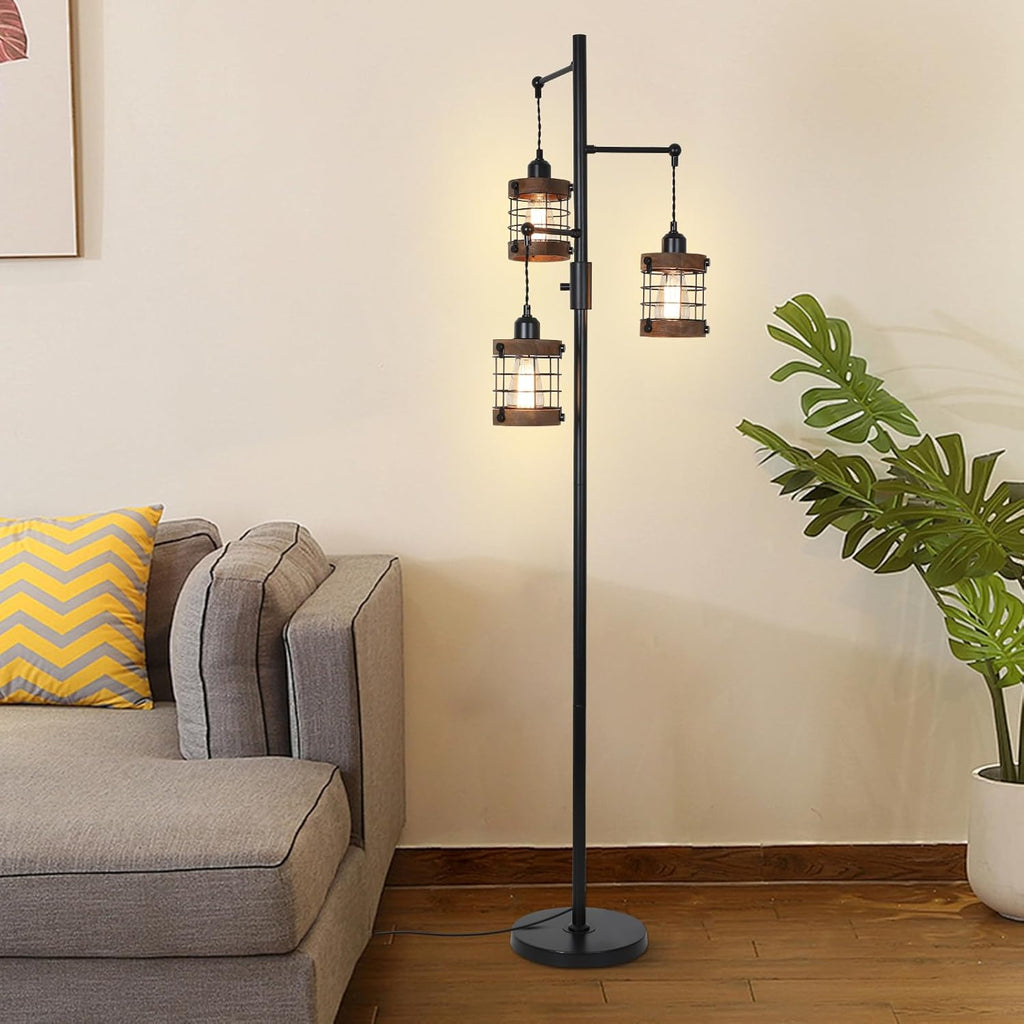 Jandcase 65in Dimmable Farmhouse Floor Lamp 3-Light Industrial Standing Lamp with Wood Accents Metal Cage Shades for Living Room Bedroom