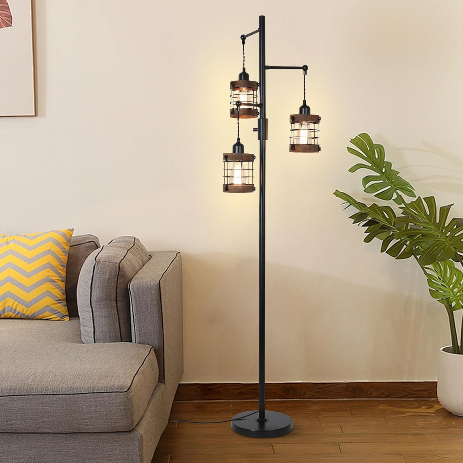 Jandcase 65in Dimmable Farmhouse Floor Lamp 3-Light Industrial Standing Lamp with Wood Accents Metal Cage Shades for Living Room Bedroom