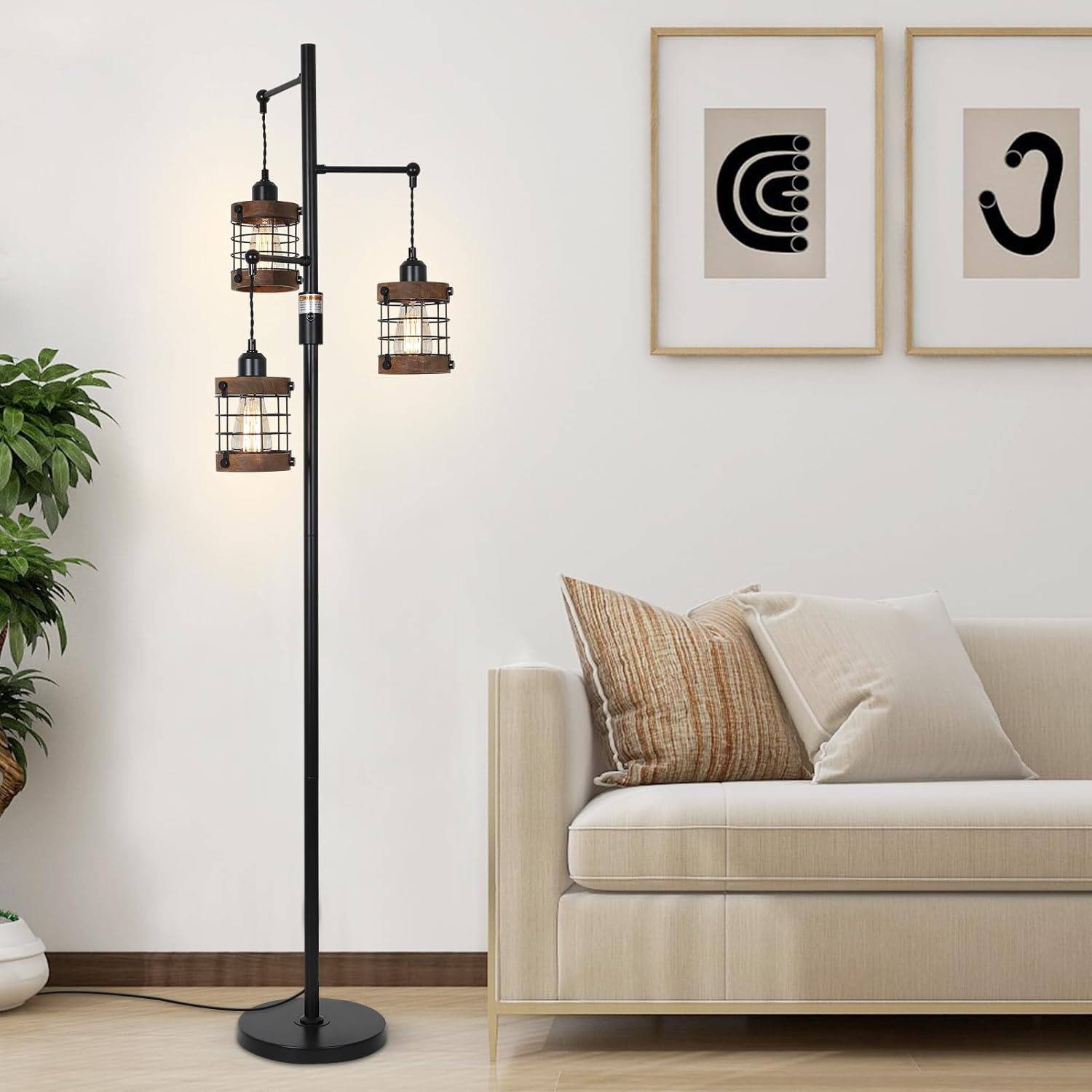 Jandcase 65in Dimmable Farmhouse Floor Lamp 3-Light Industrial Standing Lamp with Wood Accents Metal Cage Shades for Living Room Bedroom