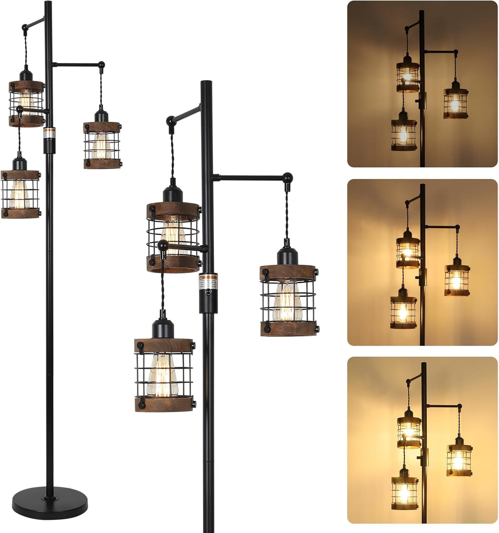 Jandcase 65in Dimmable Farmhouse Floor Lamp 3-Light Industrial Standing Lamp with Wood Accents Metal Cage Shades for Living Room Bedroom