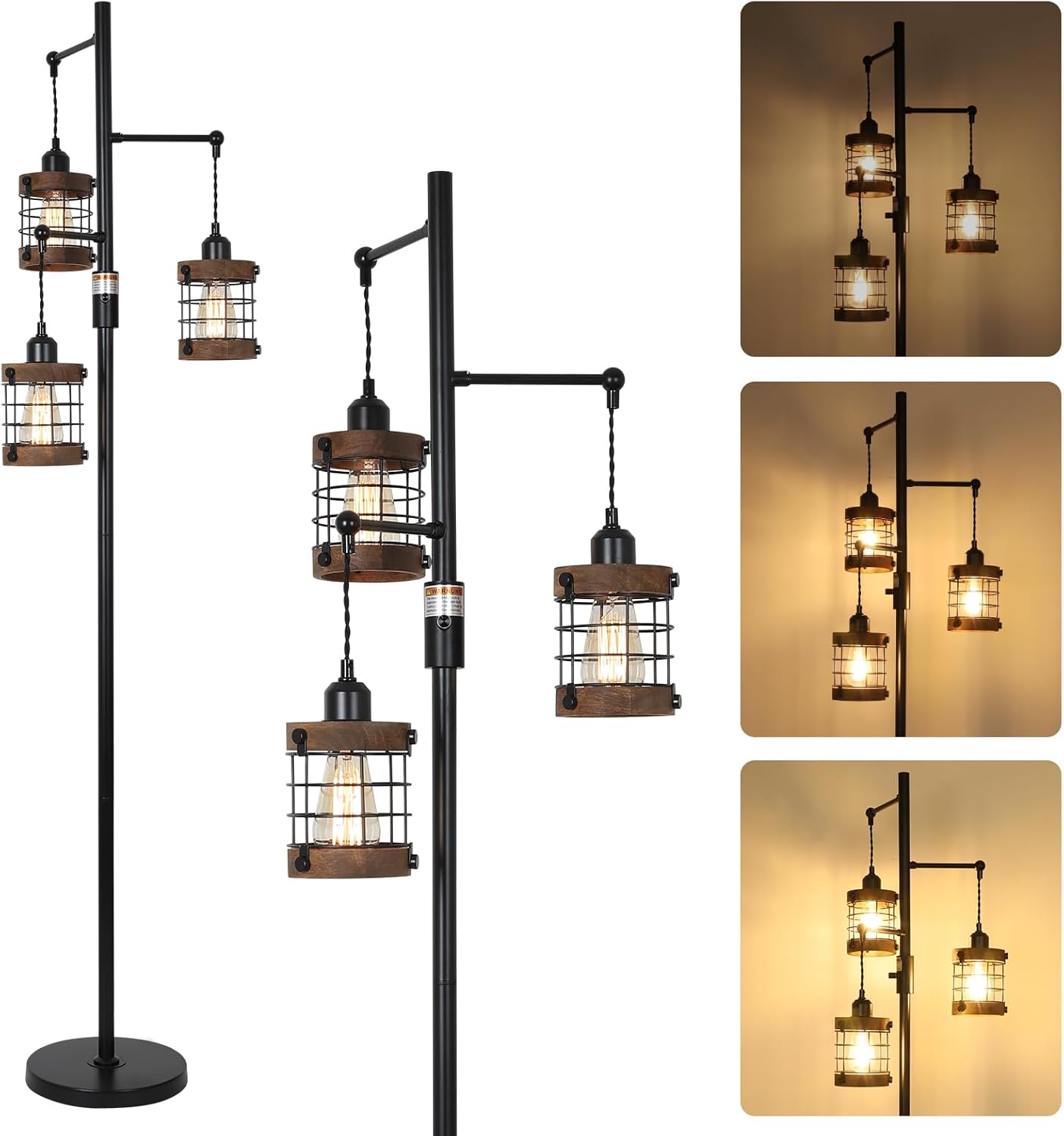 Jandcase 65in Dimmable Farmhouse Floor Lamp 3-Light Industrial Standing Lamp with Wood Accents Metal Cage Shades for Living Room Bedroom