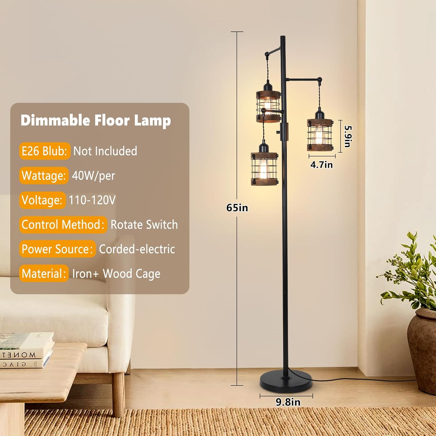 Jandcase 65in Dimmable Farmhouse Floor Lamp 3-Light Industrial Standing Lamp with Wood Accents Metal Cage Shades for Living Room Bedroom