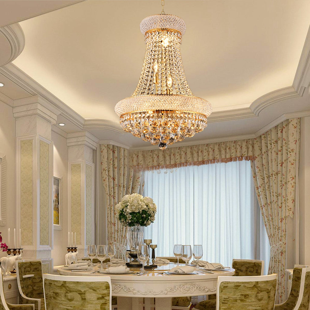 Jandcase 18in. Gold Crystal Chandelier 9-Light French Empire LED Bulbs 3000K Warm Light for Dining Room Bedroom Entryway