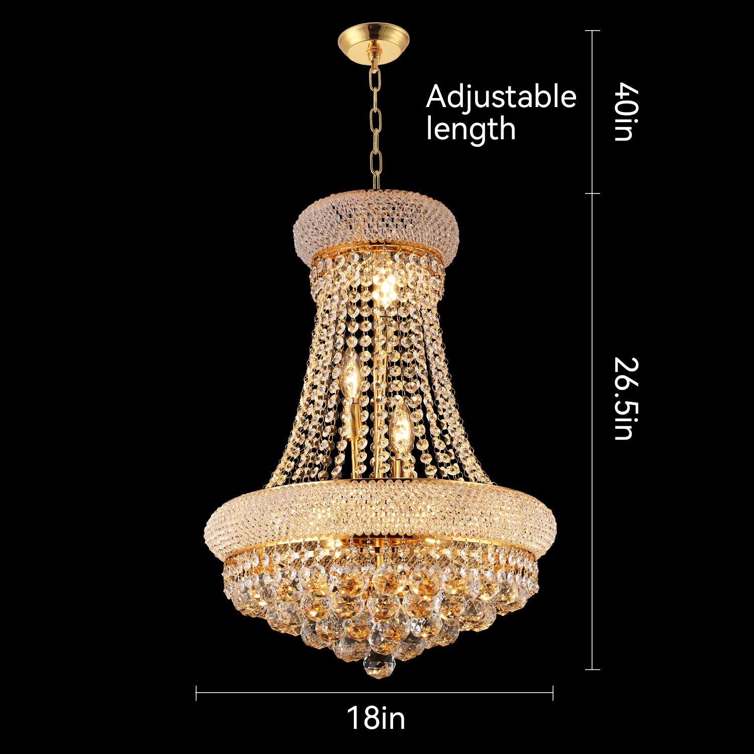 Jandcase 18in. Gold Crystal Chandelier 9-Light French Empire LED Bulbs 3000K Warm Light for Dining Room Bedroom Entryway