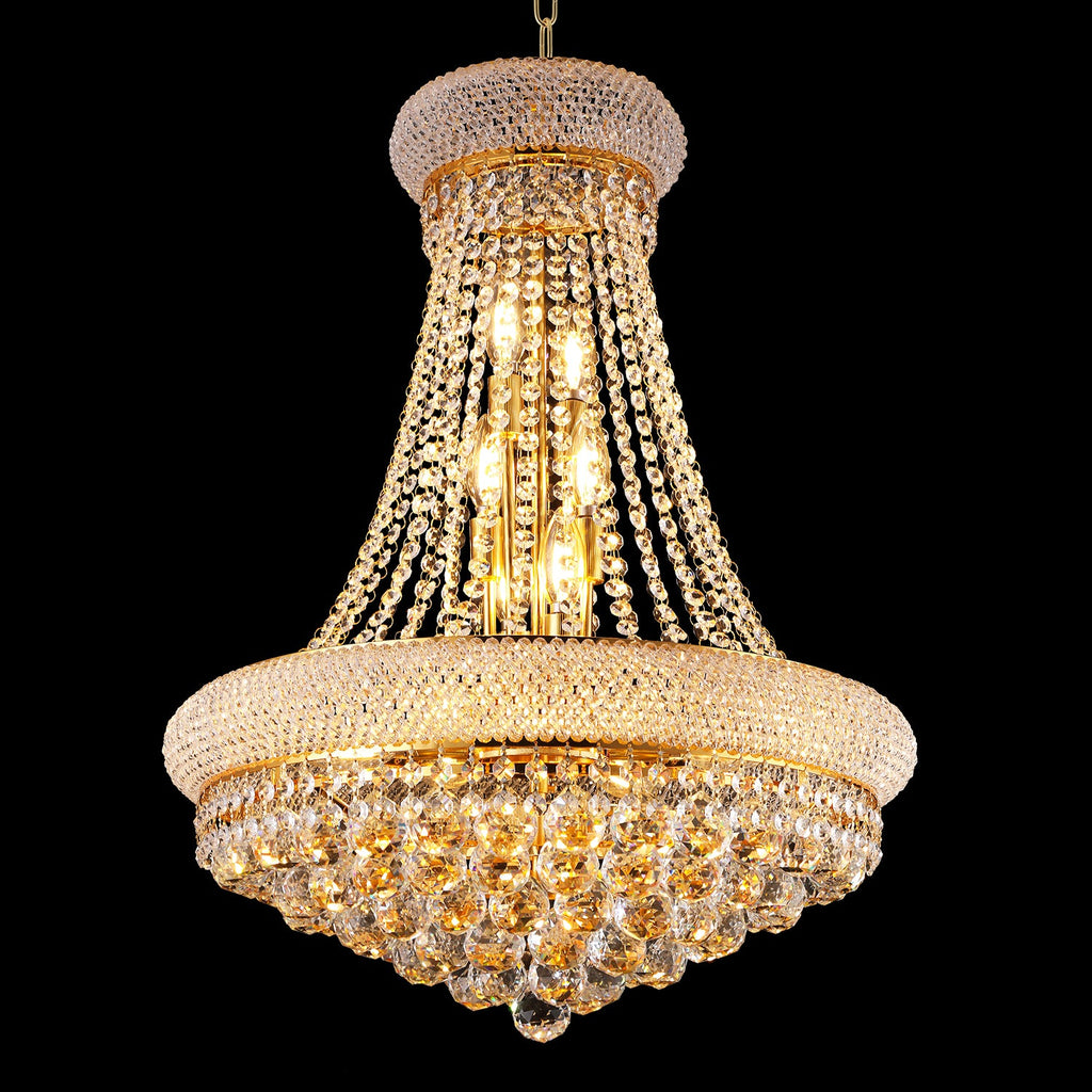 Jandcase Elegant 24" French Empire Crystal Chandelier, 12 E12 LED Bulbs, Gold Finish, Cascading Crystals, 3000K Warm White