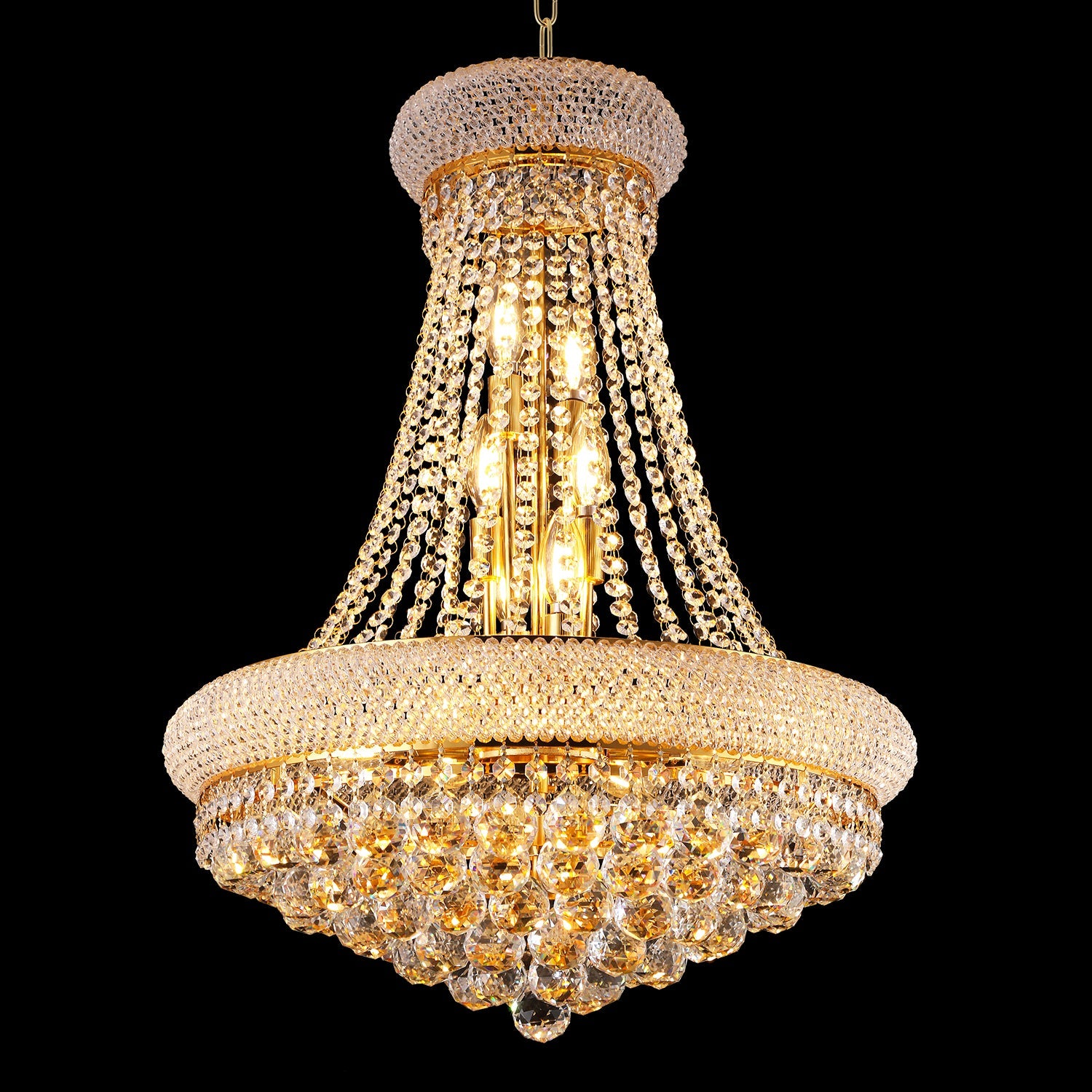 Jandcase Elegant 24" French Empire Crystal Chandelier, 12 E12 LED Bulbs, Gold Finish, Cascading Crystals, 3000K Warm White