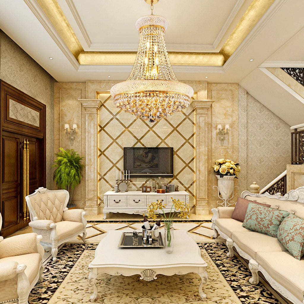 Jandcase Elegant 24" French Empire Crystal Chandelier, 12 E12 LED Bulbs, Gold Finish, Cascading Crystals, 3000K Warm White