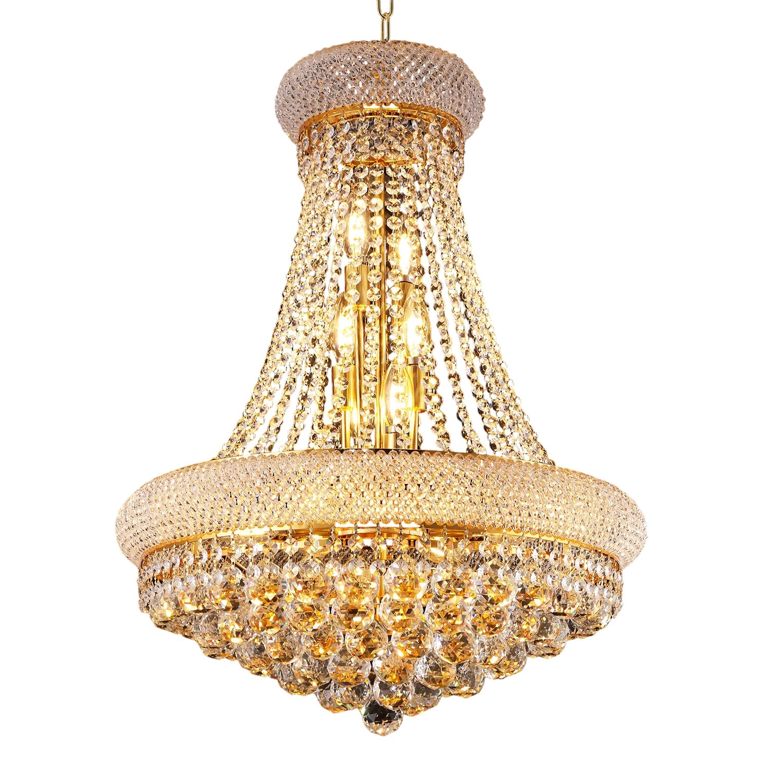 Jandcase Elegant 24" French Empire Crystal Chandelier, 12 E12 LED Bulbs, Gold Finish, Cascading Crystals, 3000K Warm White