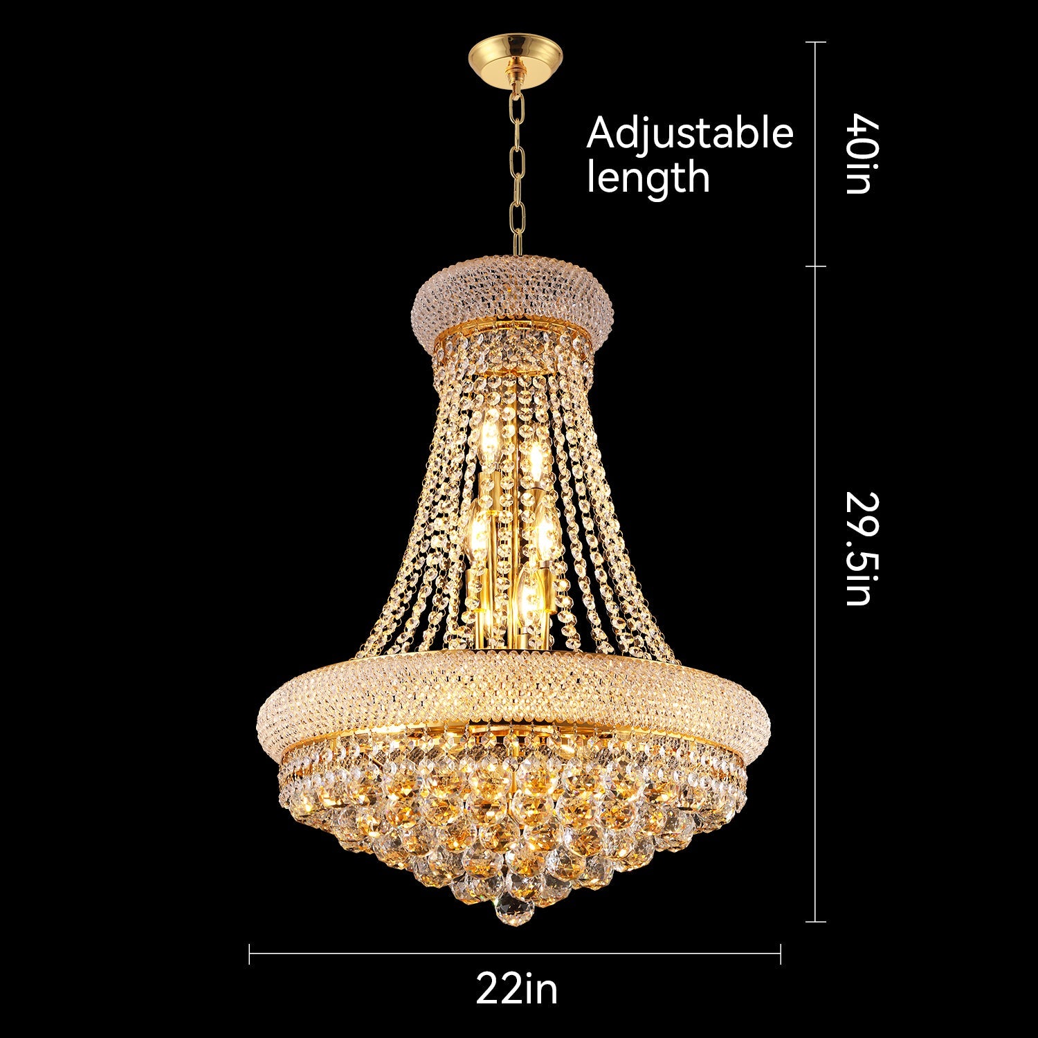 Jandcase Elegant 24" French Empire Crystal Chandelier, 12 E12 LED Bulbs, Gold Finish, Cascading Crystals, 3000K Warm White