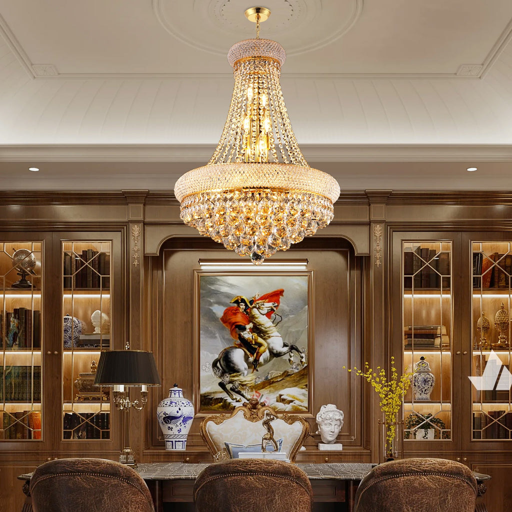Jandcase Elegant 24" French Empire Crystal Chandelier, 12 E12 LED Bulbs, Gold Finish, Cascading Crystals, 3000K Warm White
