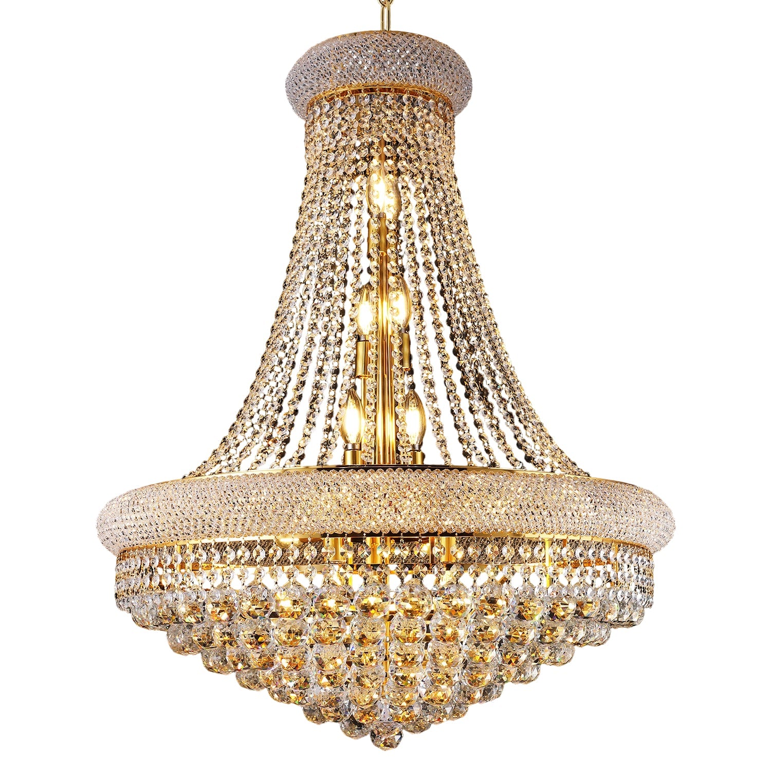 Jandcase Elegant French Empire Chandelier, 28" Gold Finish with 15 E12 LED Bulbs, 2700K-3000K Warm White Light, Crystal Cascading Design