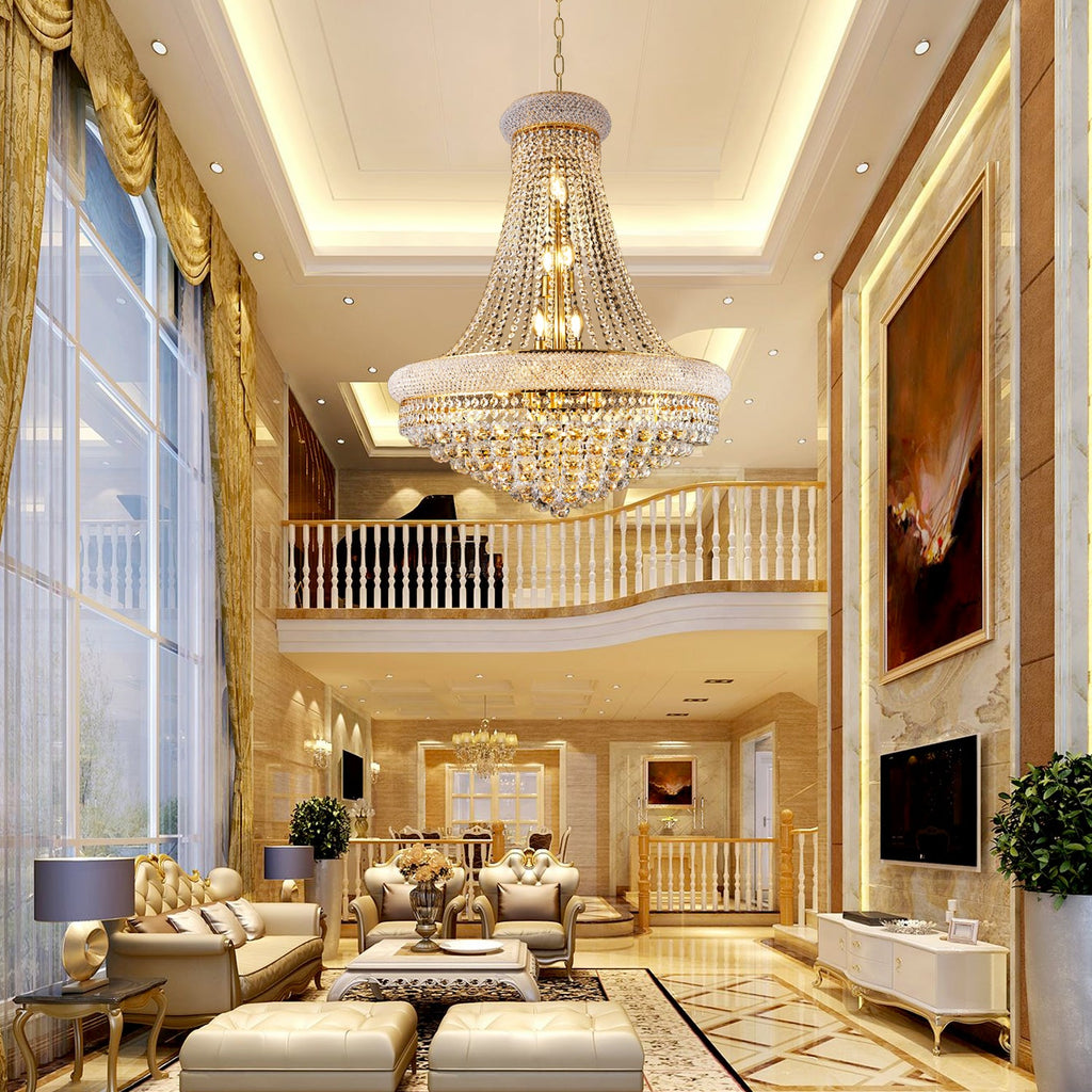 Jandcase Elegant French Empire Chandelier, 28" Gold Finish with 15 E12 LED Bulbs, 2700K-3000K Warm White Light, Crystal Cascading Design