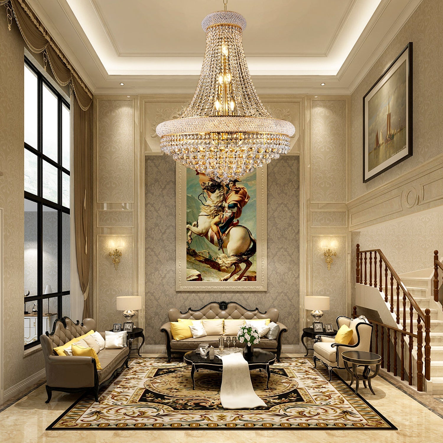 Jandcase Elegant French Empire Chandelier, 28" Gold Finish with 15 E12 LED Bulbs, 2700K-3000K Warm White Light, Crystal Cascading Design