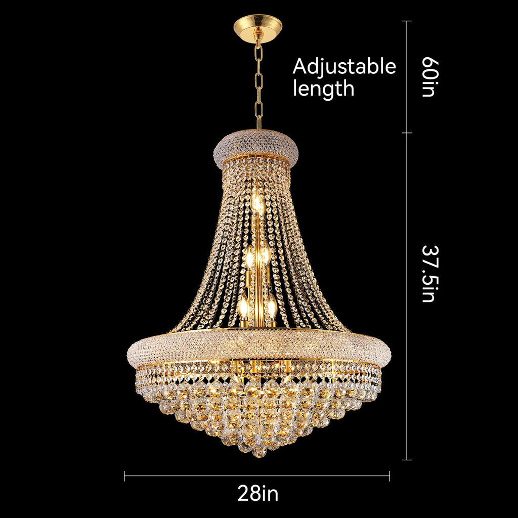 Jandcase Elegant French Empire Chandelier, 28" Gold Finish with 15 E12 LED Bulbs, 2700K-3000K Warm White Light, Crystal Cascading Design