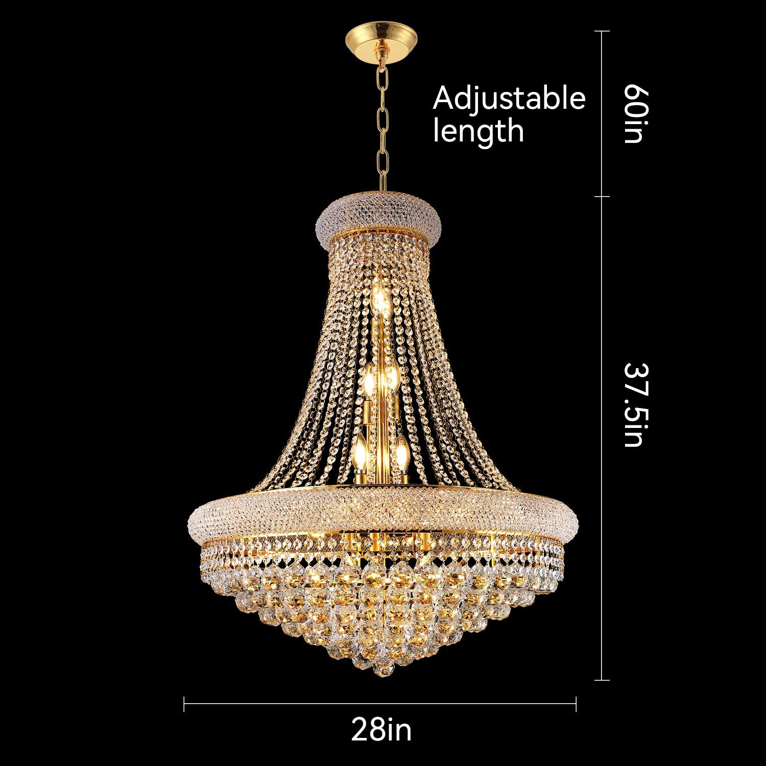 Jandcase Elegant French Empire Chandelier, 28" Gold Finish with 15 E12 LED Bulbs, 2700K-3000K Warm White Light, Crystal Cascading Design
