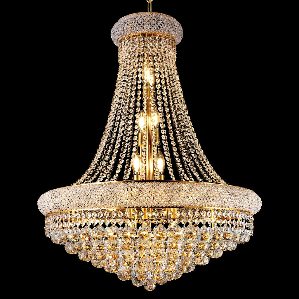 Jandcase Elegant French Empire Chandelier, 28" Gold Finish with 15 E12 LED Bulbs, 2700K-3000K Warm White Light, Crystal Cascading Design