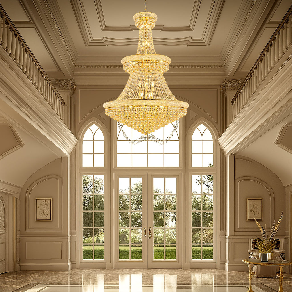 Jandcase 42 in. Gold 3-Tier Crystal Chandelier 61 in. Height Empire Ceiling Light 36-Light E12 LED 3000K Warm White K9 Crystal Luxury Pendant Fixture for Living Room Staircase Foyer Hotel