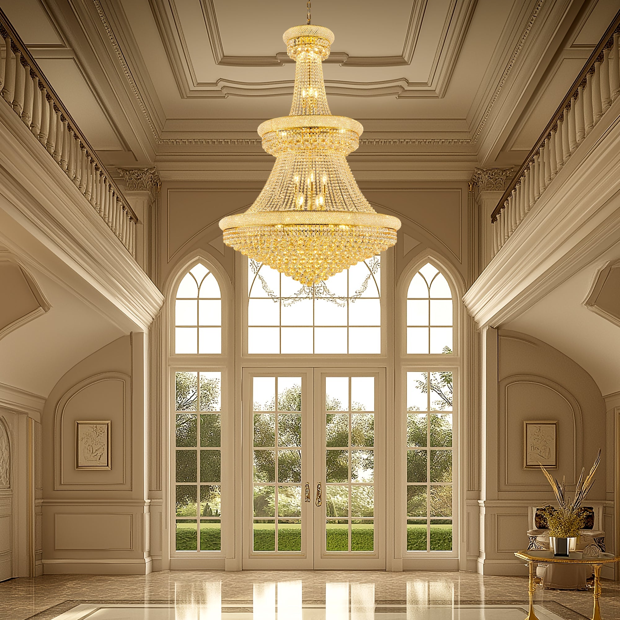 Jandcase 42 in. Gold 3-Tier Crystal Chandelier 61 in. Height Empire Ceiling Light 36-Light E12 LED 3000K Warm White K9 Crystal Luxury Pendant Fixture for Living Room Staircase Foyer Hotel
