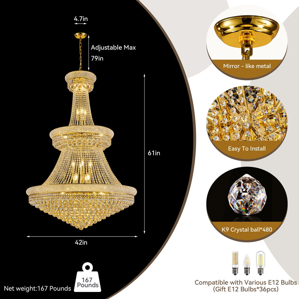 Jandcase 42 in. Gold 3-Tier Crystal Chandelier 61 in. Height Empire Ceiling Light 36-Light E12 LED 3000K Warm White K9 Crystal Luxury Pendant Fixture for Living Room Staircase Foyer Hotel