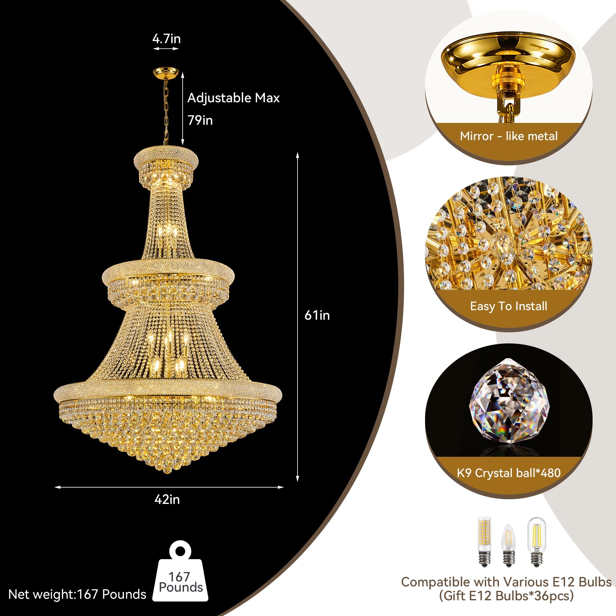 Jandcase 42 in. Gold 3-Tier Crystal Chandelier 61 in. Height Empire Ceiling Light 36-Light E12 LED 3000K Warm White K9 Crystal Luxury Pendant Fixture for Living Room Staircase Foyer Hotel