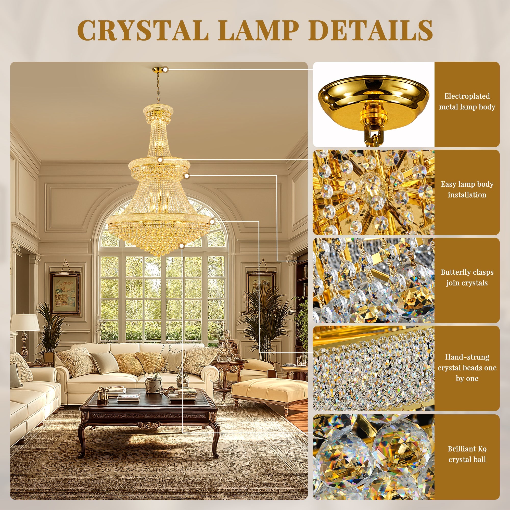 Jandcase 42 in. Gold 3-Tier Crystal Chandelier 61 in. Height Empire Ceiling Light 36-Light E12 LED 3000K Warm White K9 Crystal Luxury Pendant Fixture for Living Room Staircase Foyer Hotel