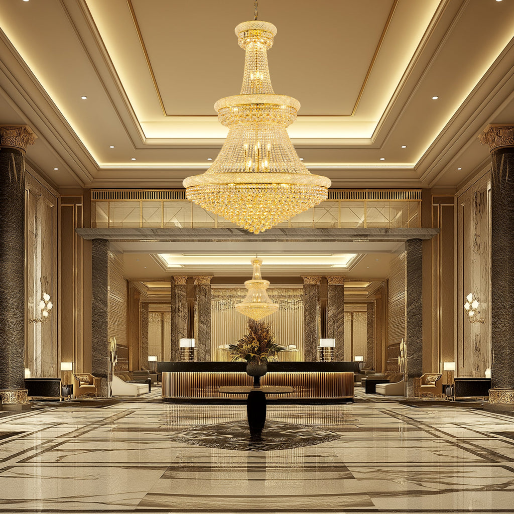 Jandcase 42 in. Gold 3-Tier Crystal Chandelier 61 in. Height Empire Ceiling Light 36-Light E12 LED 3000K Warm White K9 Crystal Luxury Pendant Fixture for Living Room Staircase Foyer Hotel