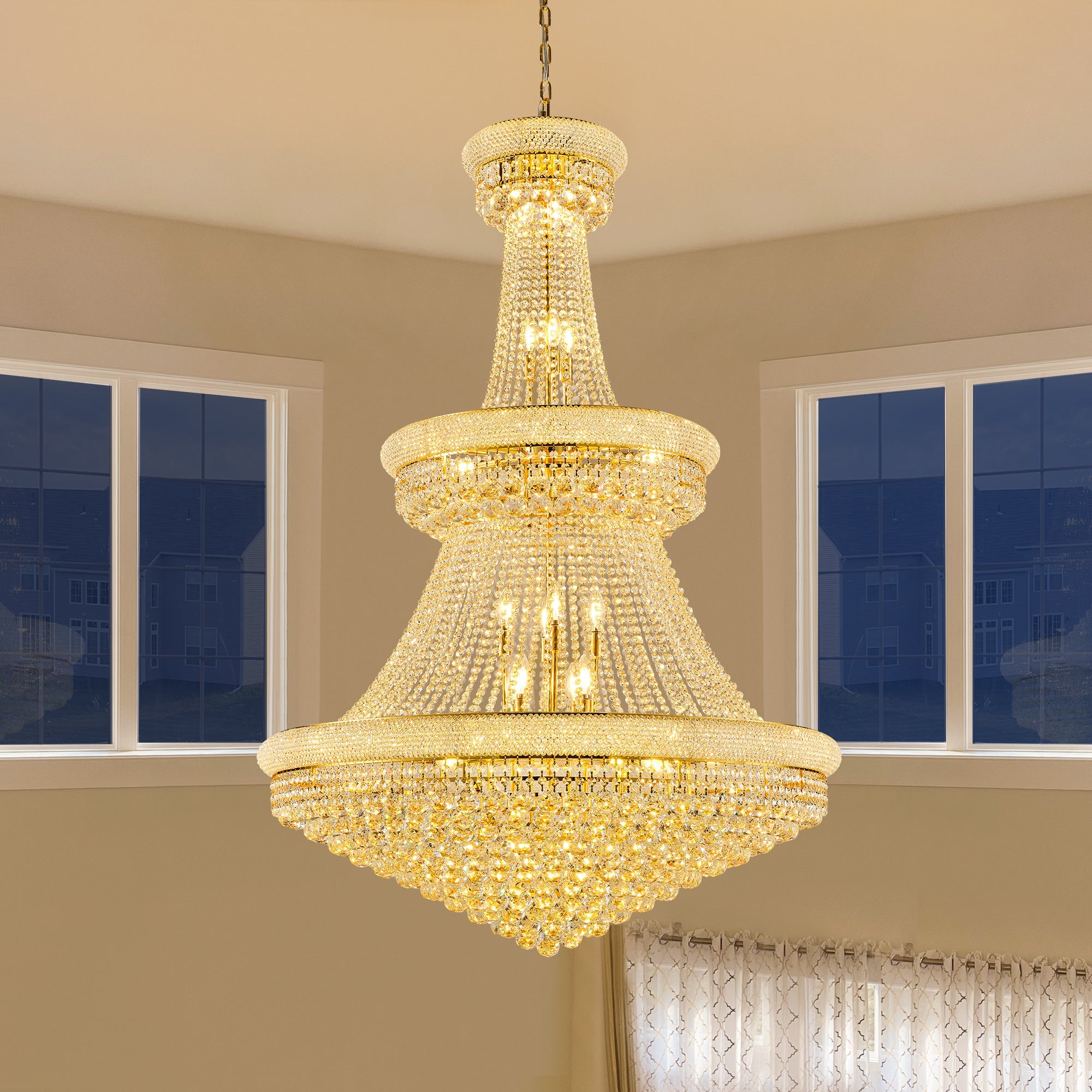 Jandcase 42 in. Gold 3-Tier Crystal Chandelier 61 in. Height Empire Ceiling Light 36-Light E12 LED 3000K Warm White K9 Crystal Luxury Pendant Fixture for Living Room Staircase Foyer Hotel