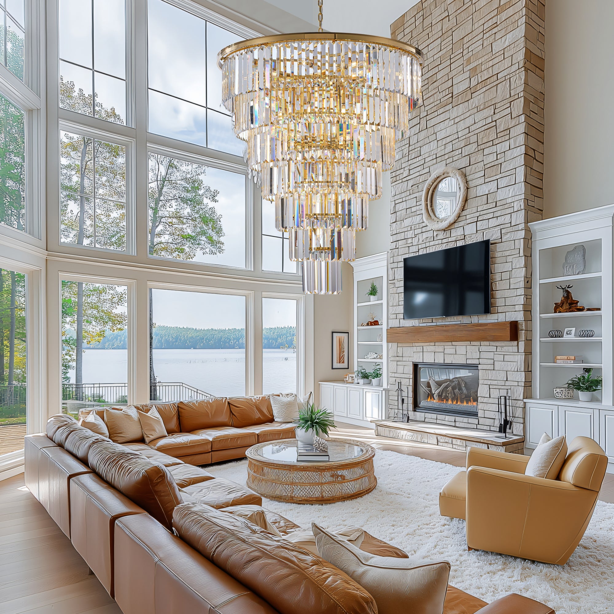 Jandcase Elegant 40" Tiered Crystal Chandelier with 30 E12 Bulbs, Gold Mirror Frame, 370 Crystal Rods, Ideal for Foyers & Staircases