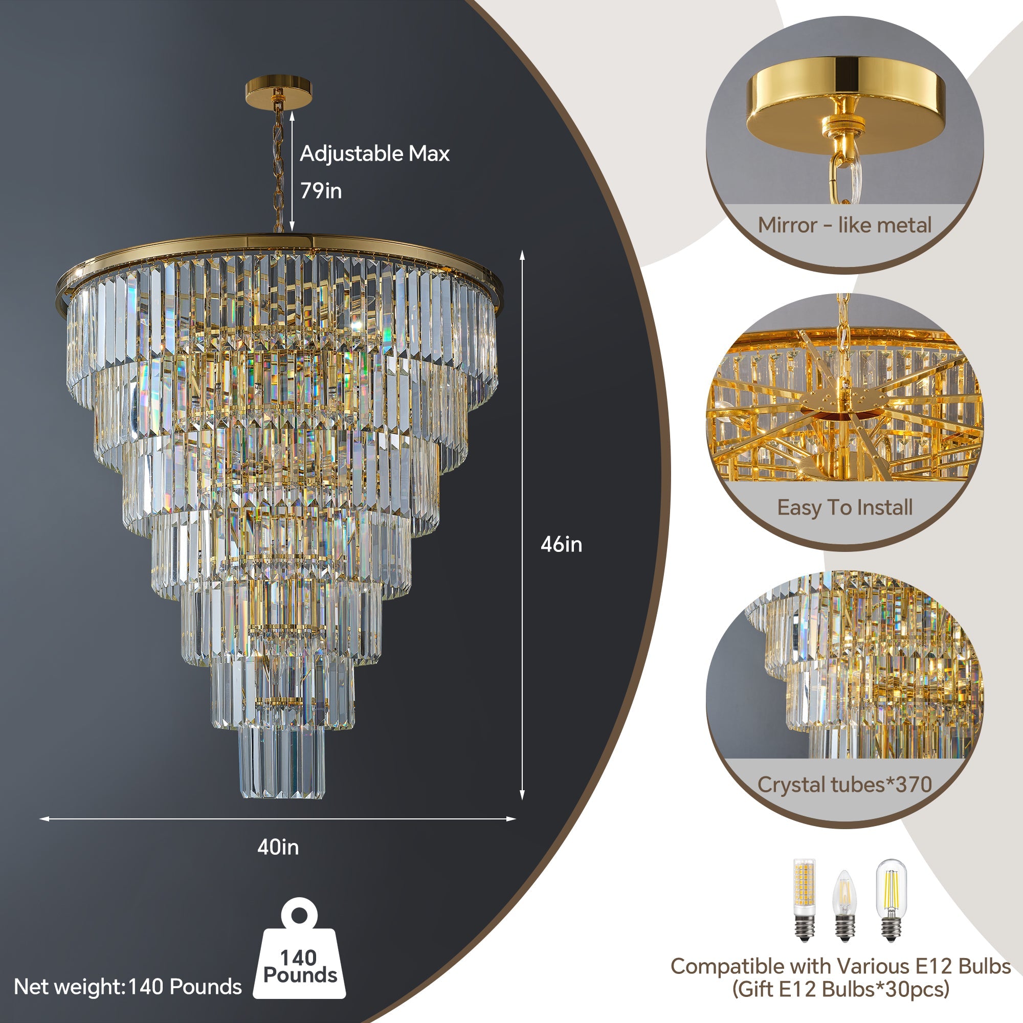 Jandcase Elegant 40" Tiered Crystal Chandelier with 30 E12 Bulbs, Gold Mirror Frame, 370 Crystal Rods, Ideal for Foyers & Staircases