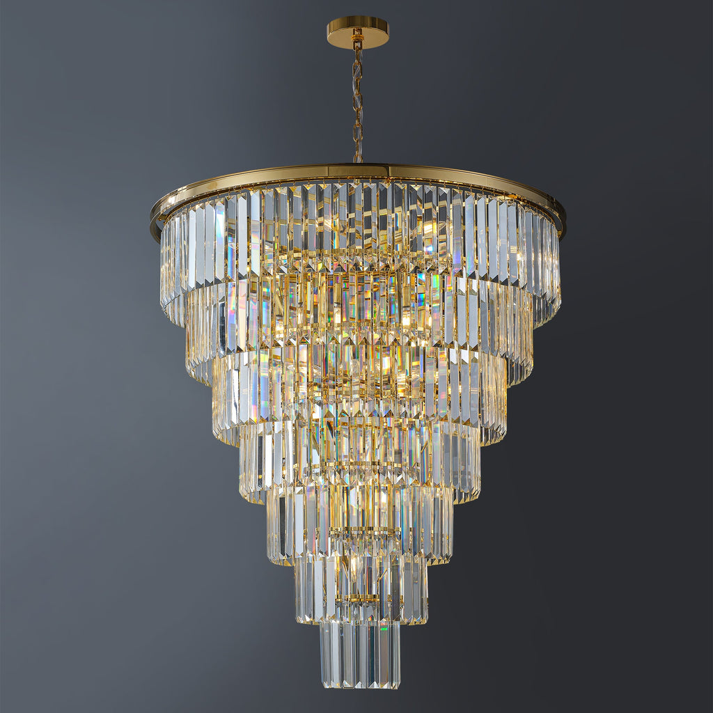 Jandcase Elegant 40" Tiered Crystal Chandelier with 30 E12 Bulbs, Gold Mirror Frame, 370 Crystal Rods, Ideal for Foyers & Staircases