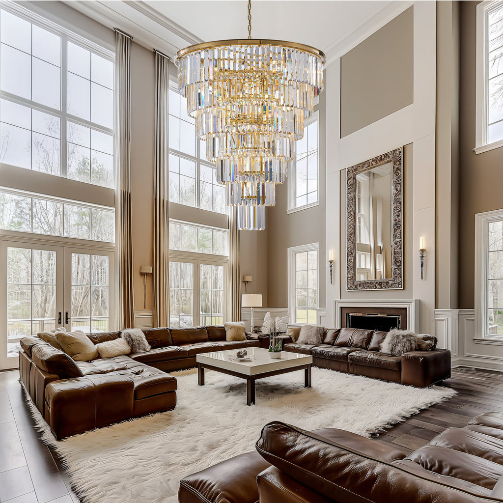 Jandcase Elegant 40" Tiered Crystal Chandelier with 30 E12 Bulbs, Gold Mirror Frame, 370 Crystal Rods, Ideal for Foyers & Staircases