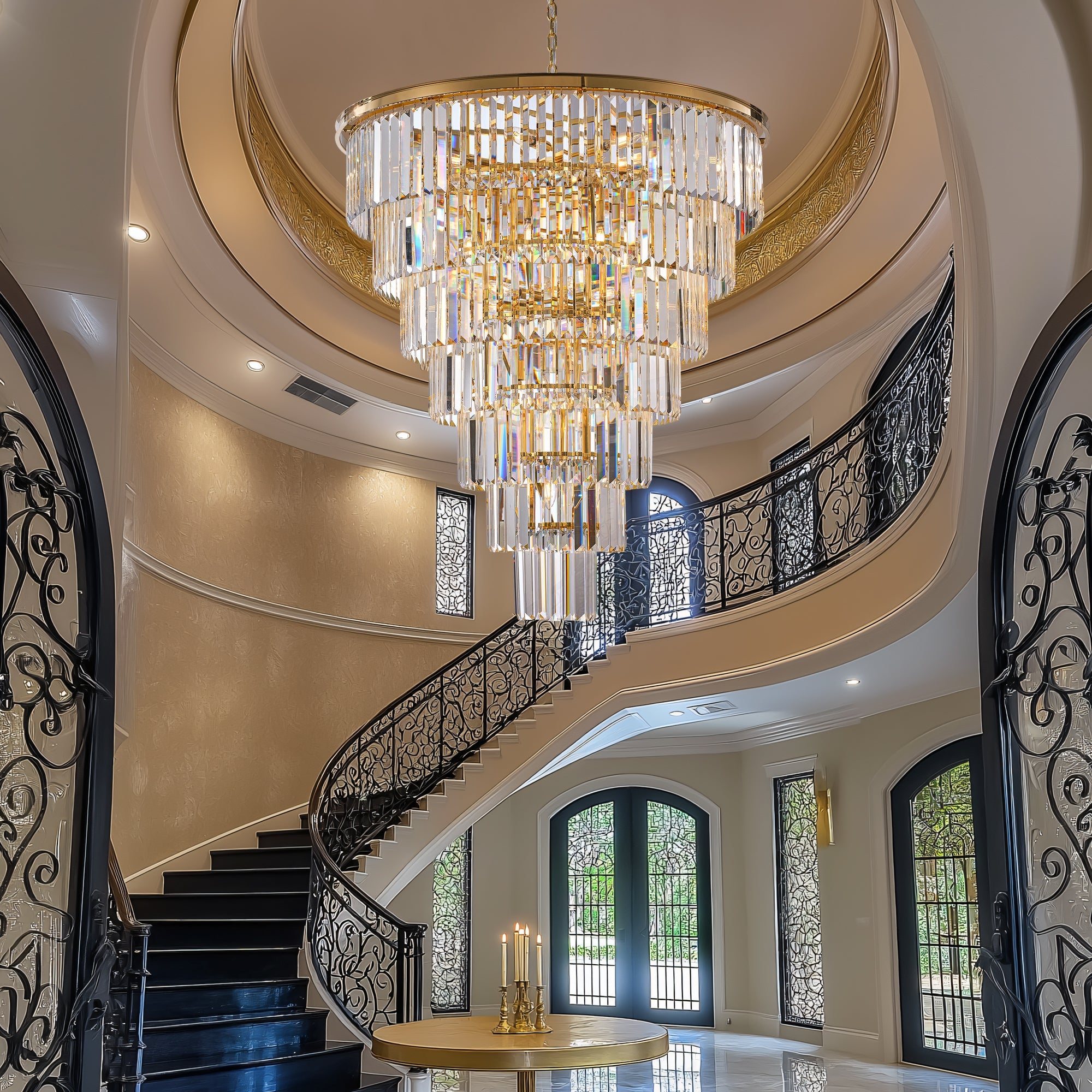 Jandcase Elegant 40" Tiered Crystal Chandelier with 30 E12 Bulbs, Gold Mirror Frame, 370 Crystal Rods, Ideal for Foyers & Staircases