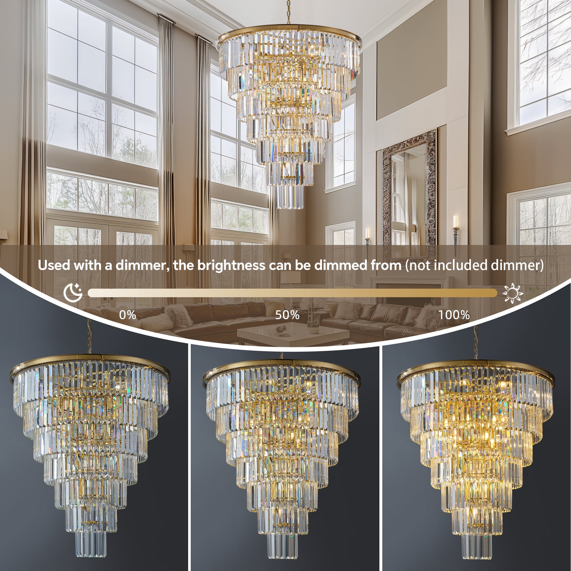 Jandcase Elegant 40" Tiered Crystal Chandelier with 30 E12 Bulbs, Gold Mirror Frame, 370 Crystal Rods, Ideal for Foyers & Staircases