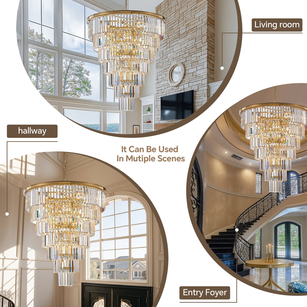 Jandcase Elegant 40" Tiered Crystal Chandelier with 30 E12 Bulbs, Gold Mirror Frame, 370 Crystal Rods, Ideal for Foyers & Staircases