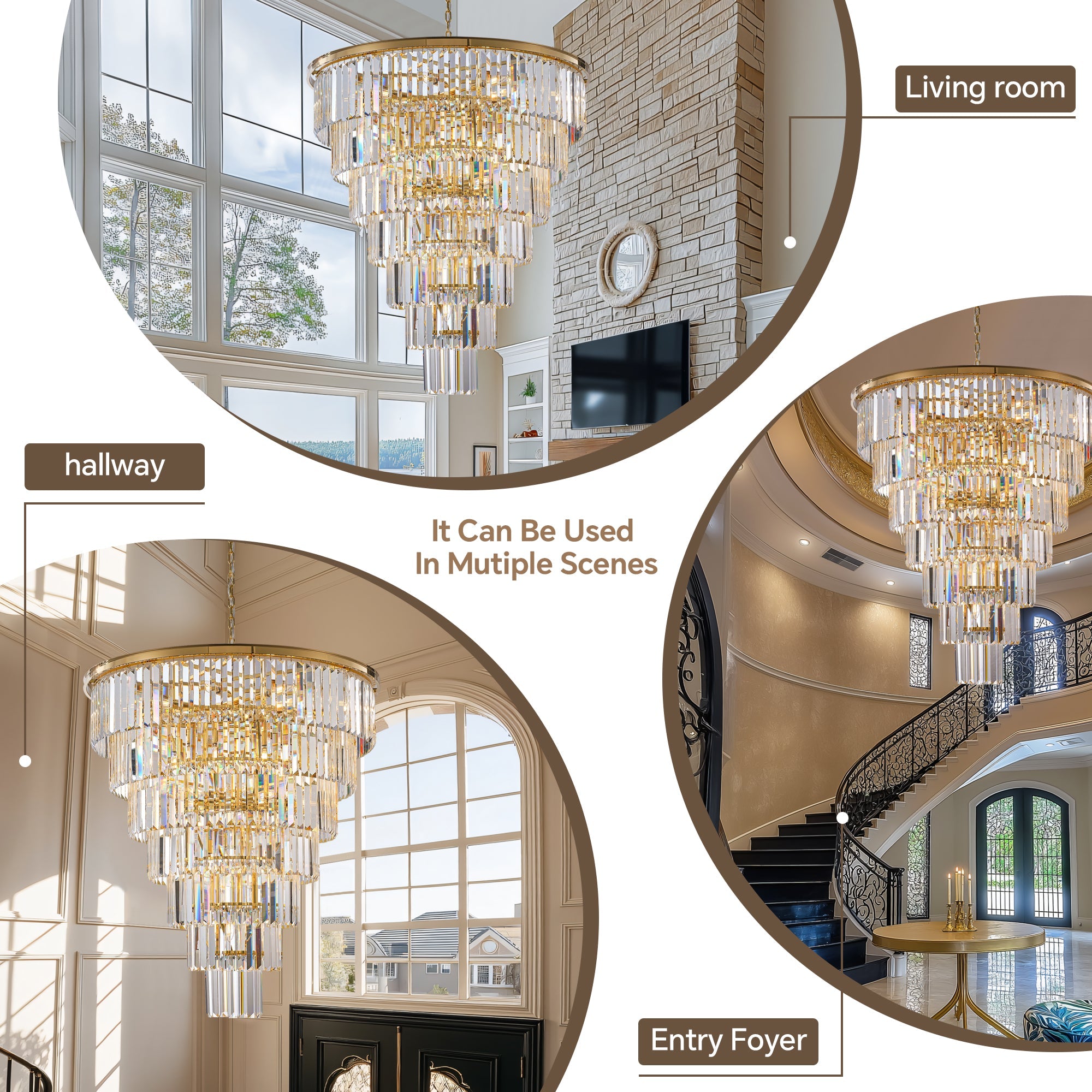 Jandcase Elegant 40" Tiered Crystal Chandelier with 30 E12 Bulbs, Gold Mirror Frame, 370 Crystal Rods, Ideal for Foyers & Staircases