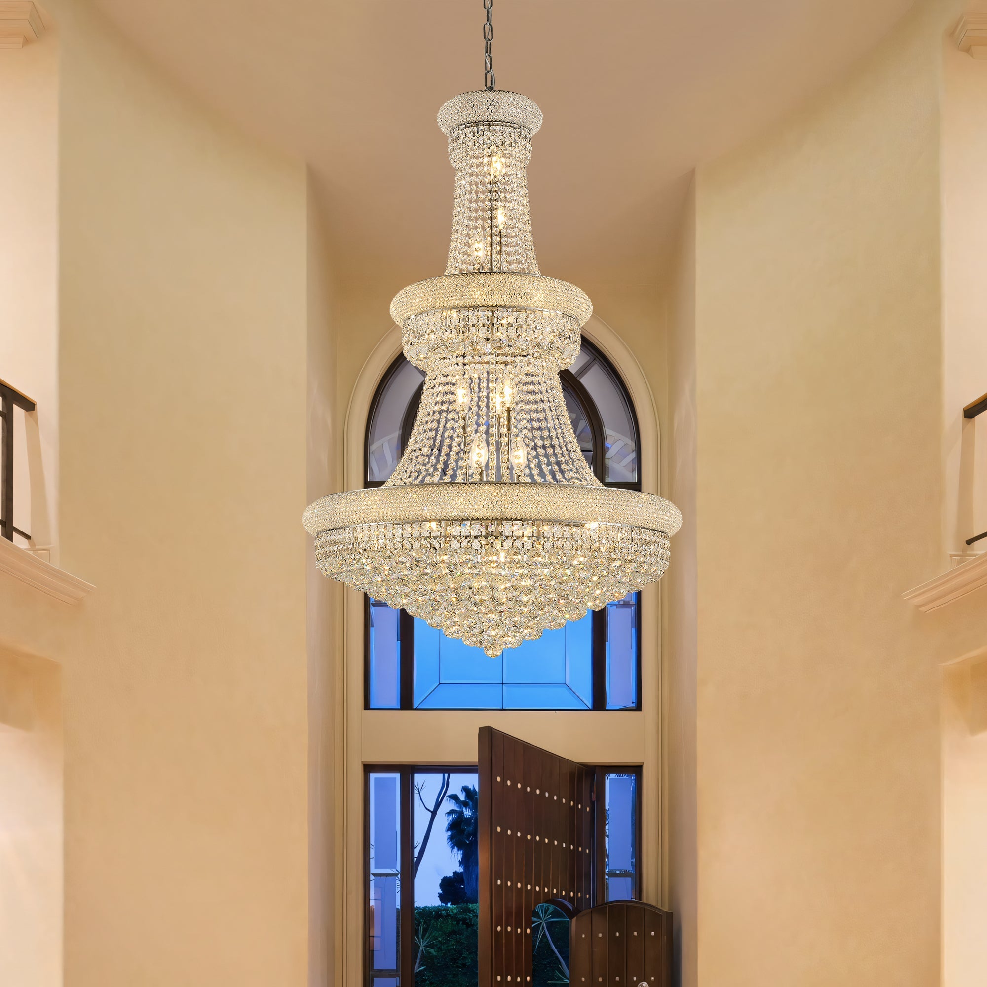 Jandcase 32" French Empire Crystal Chandelier, 27-Light Chrome Ceiling Light, 3000K LED Included, Adjustable Height, Luxury Fixture