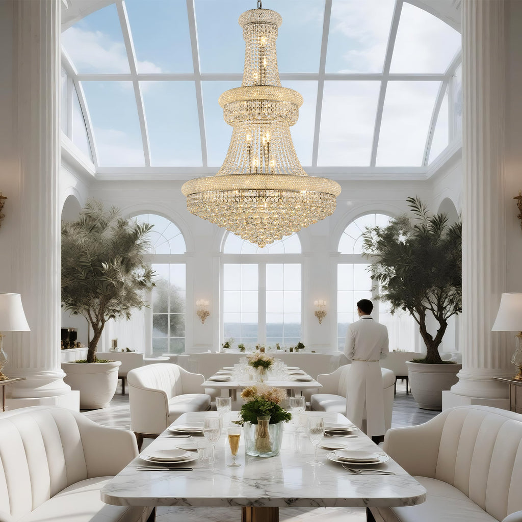 Jandcase 32" French Empire Crystal Chandelier, 27-Light Chrome Ceiling Light, 3000K LED Included, Adjustable Height, Luxury Fixture