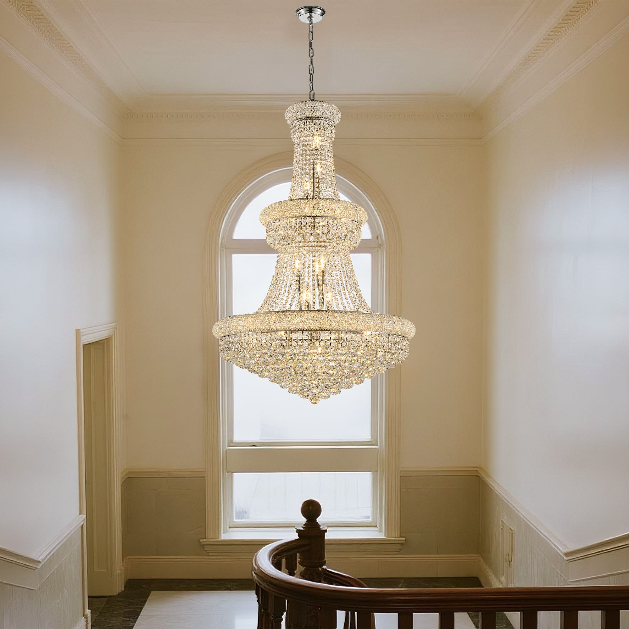 Jandcase 32" French Empire Crystal Chandelier, 27-Light Chrome Ceiling Light, 3000K LED Included, Adjustable Height, Luxury Fixture