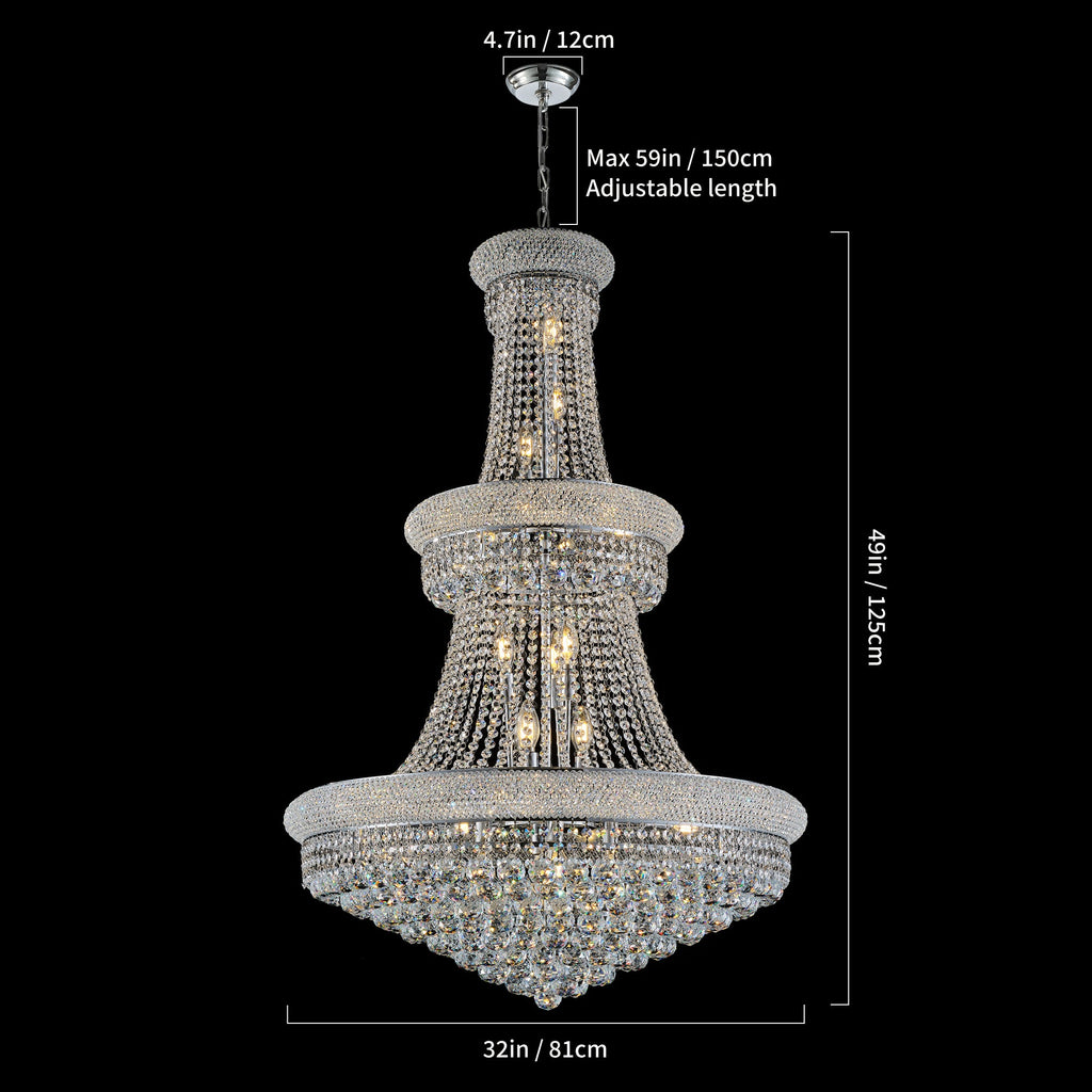 Jandcase 32" French Empire Crystal Chandelier, 27-Light Chrome Ceiling Light, 3000K LED Included, Adjustable Height, Luxury Fixture
