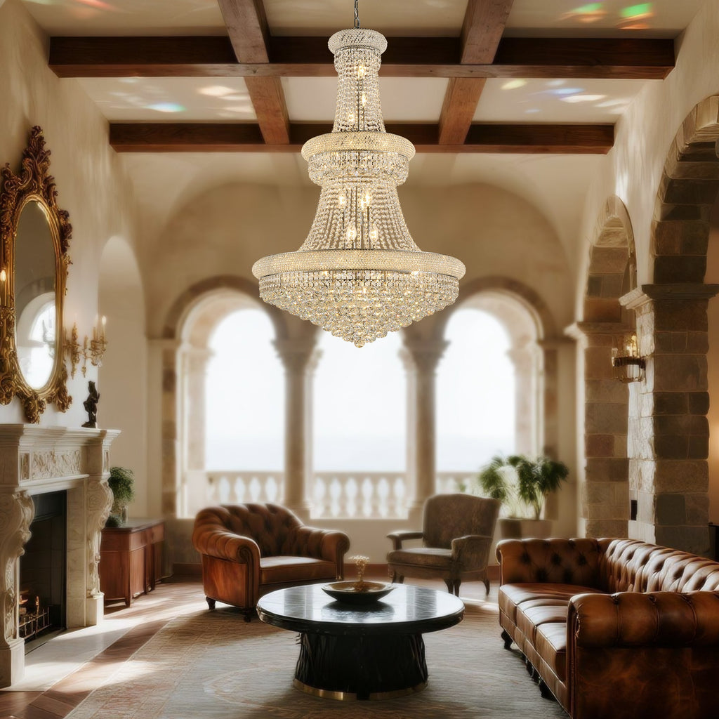 Jandcase 32" French Empire Crystal Chandelier, 27-Light Chrome Ceiling Light, 3000K LED Included, Adjustable Height, Luxury Fixture