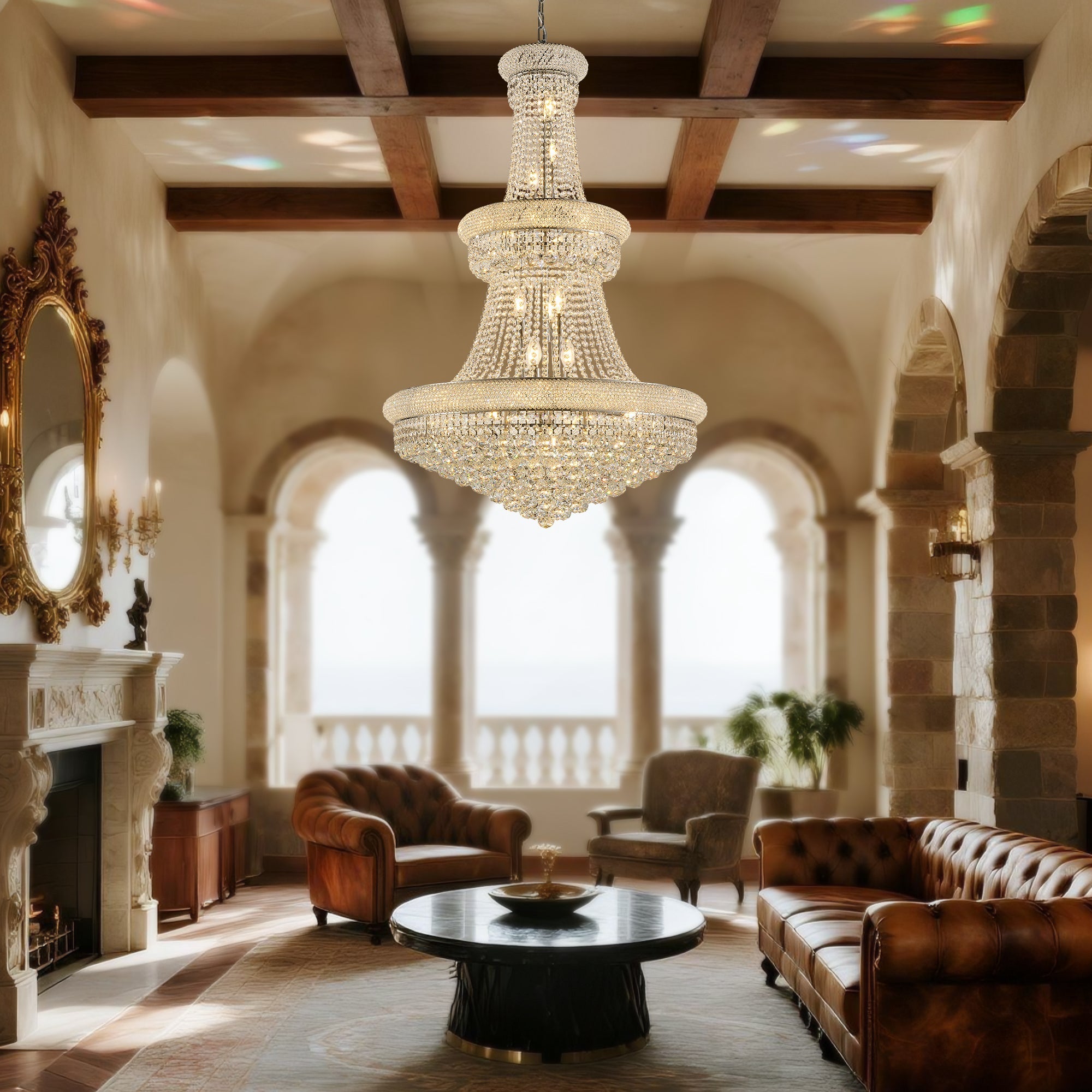 Jandcase 32" French Empire Crystal Chandelier, 27-Light Chrome Ceiling Light, 3000K LED Included, Adjustable Height, Luxury Fixture