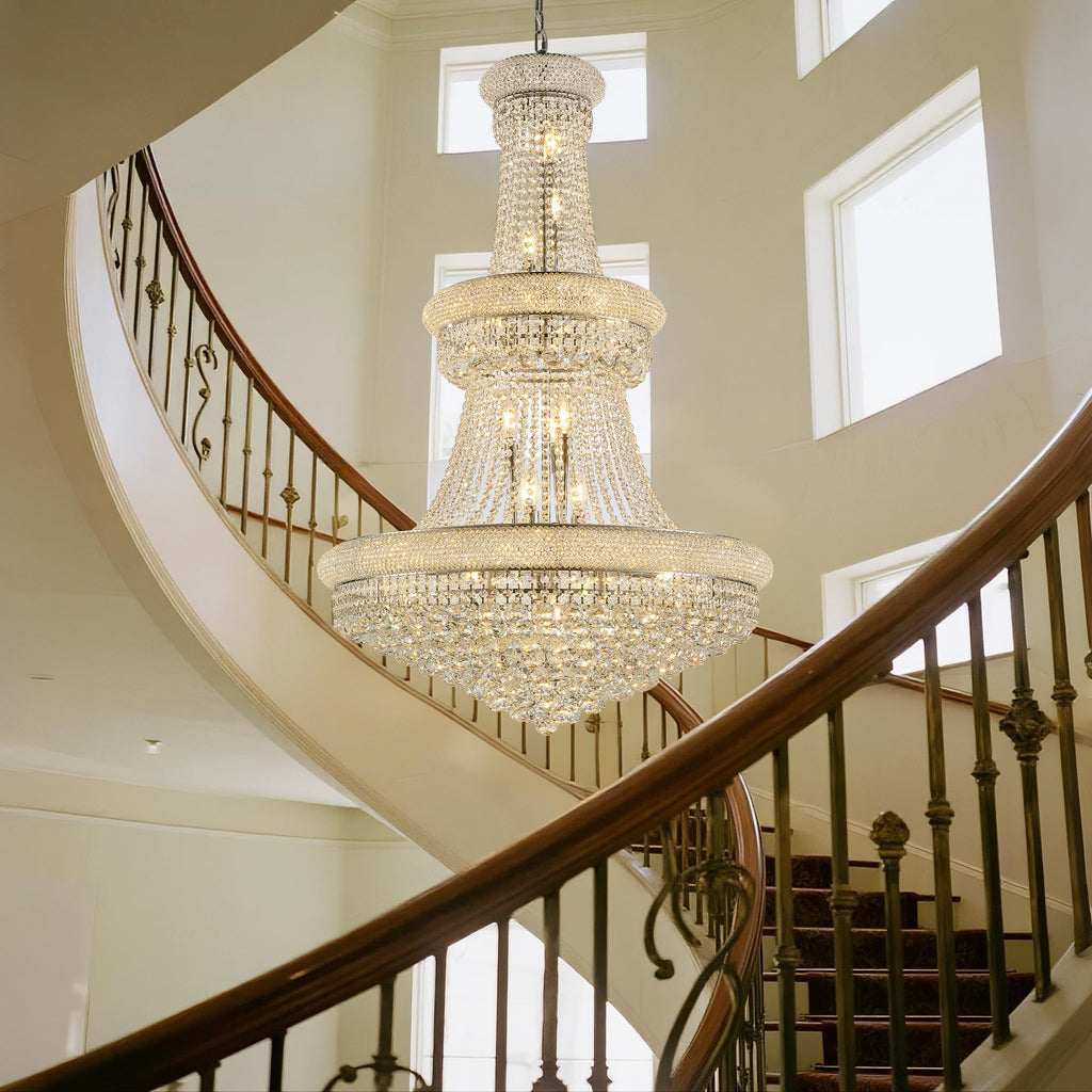 Jandcase 32" French Empire Crystal Chandelier, 27-Light Chrome Ceiling Light, 3000K LED Included, Adjustable Height, Luxury Fixture