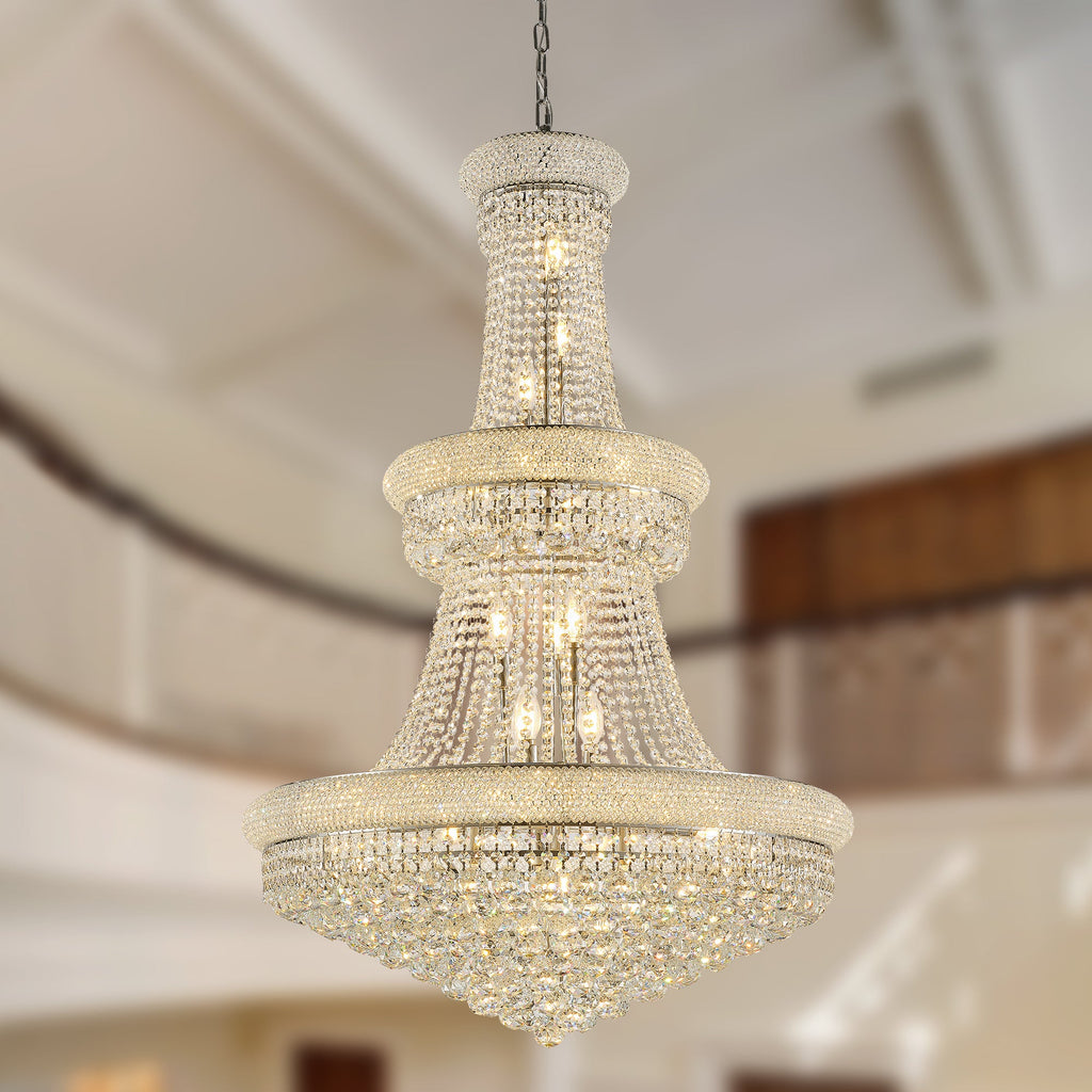 Jandcase 32" French Empire Crystal Chandelier, 27-Light Chrome Ceiling Light, 3000K LED Included, Adjustable Height, Luxury Fixture