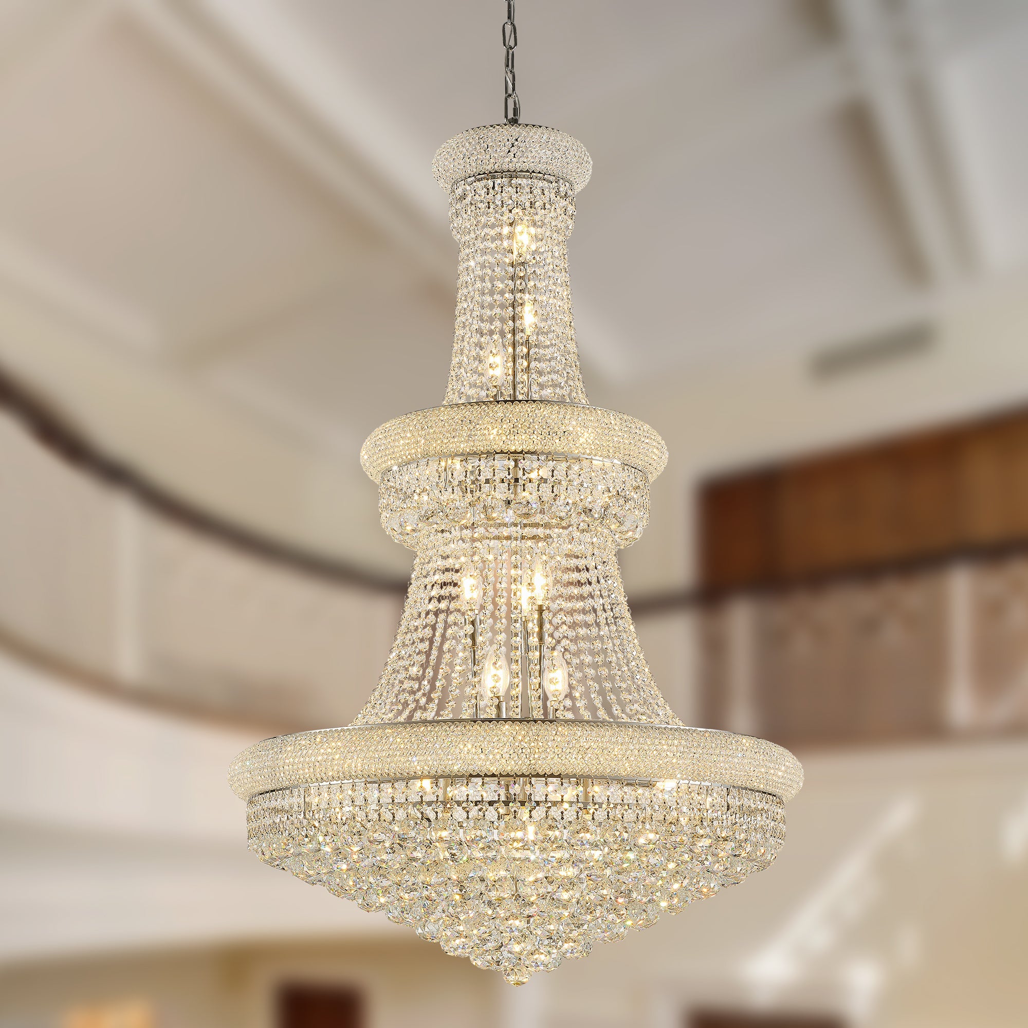 Jandcase 32" French Empire Crystal Chandelier, 27-Light Chrome Ceiling Light, 3000K LED Included, Adjustable Height, Luxury Fixture