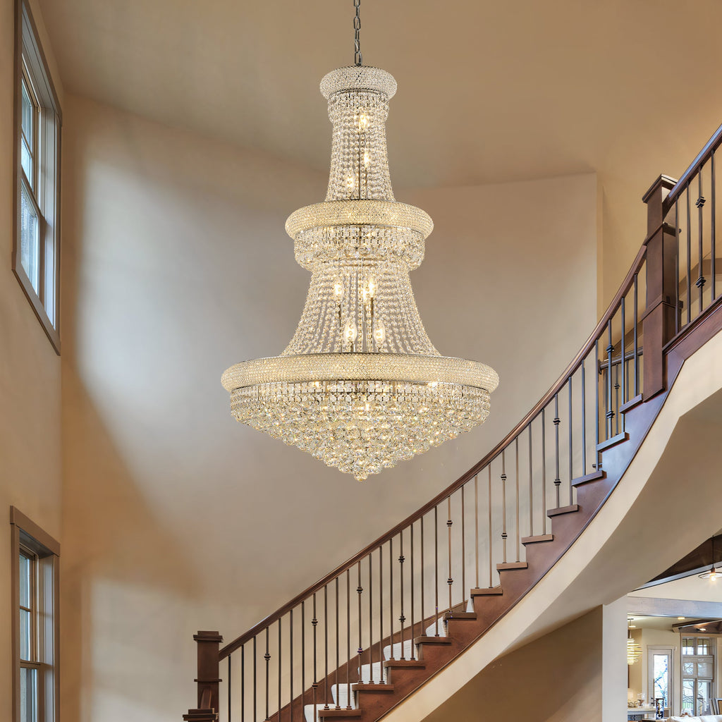 Jandcase 32" French Empire Crystal Chandelier, 27-Light Chrome Ceiling Light, 3000K LED Included, Adjustable Height, Luxury Fixture